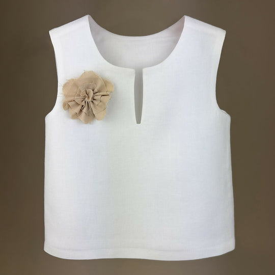 Organic Girls Linen Blouse with Beige Flower Detail