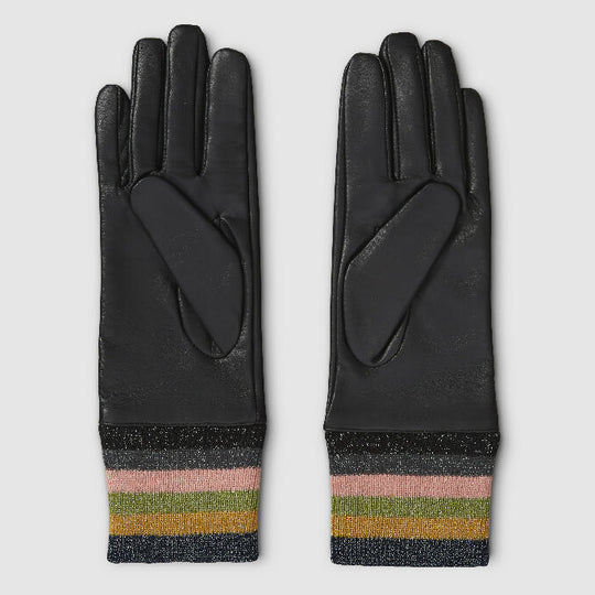 Lurex Stripe Knit Cuff leather Gloves