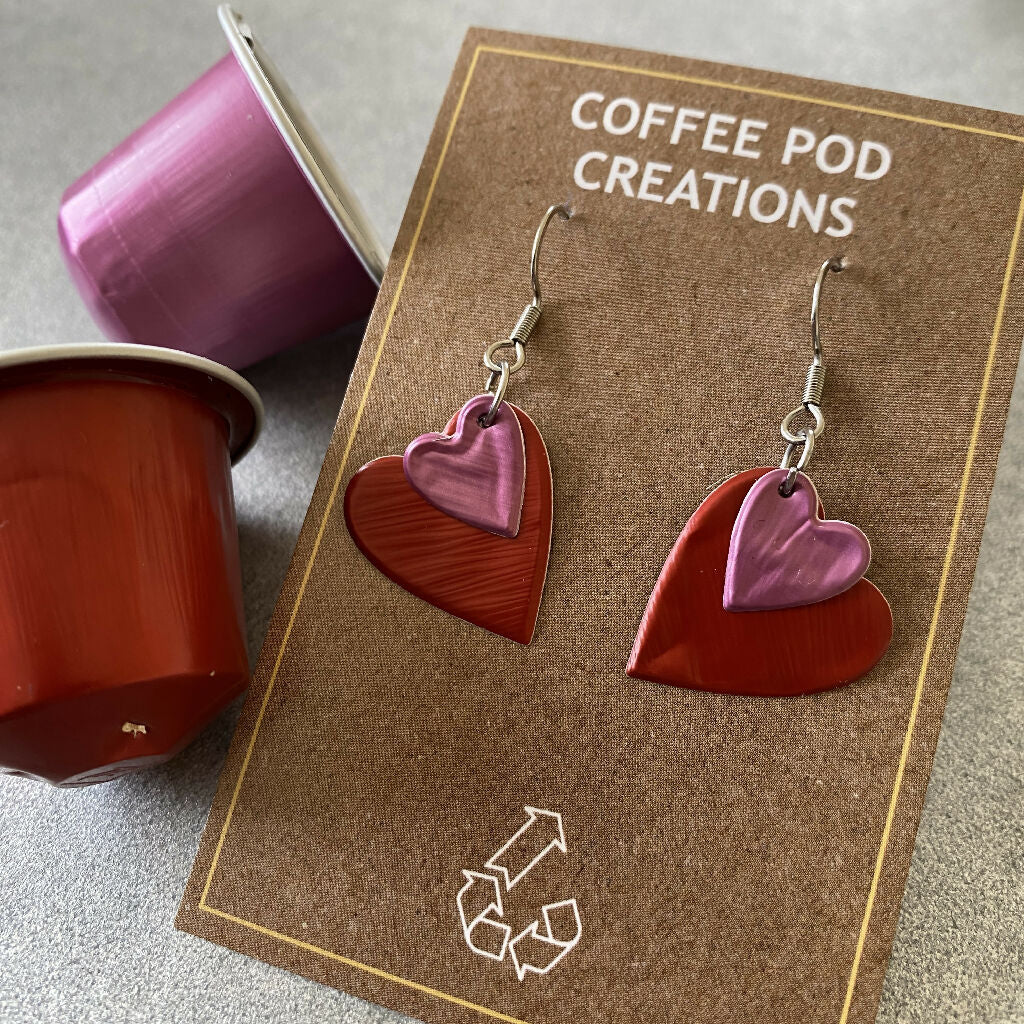 Recycled Metal Heart Earrings in Pink and Red