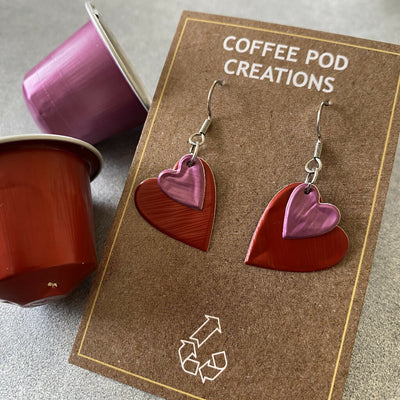 Recycled Metal Heart Earrings in Pink and Red