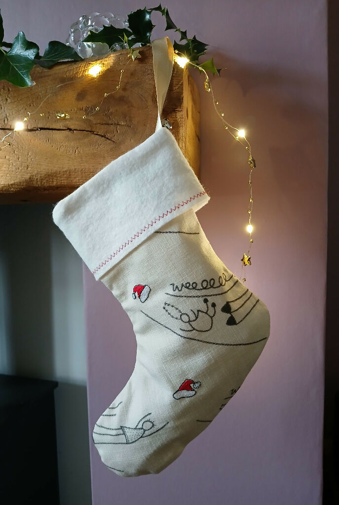 Small Linen Stocking (L) with Hand-Stitched Detail, with Mantel