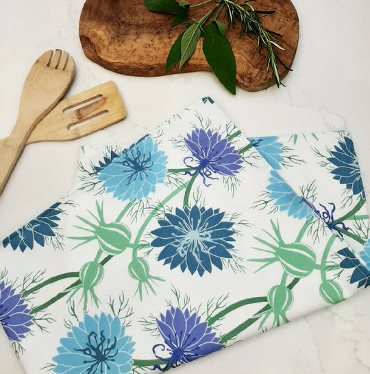 Nigella pattern tea towel in blue and white