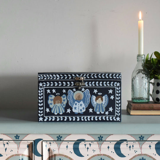 Navy Blue Angel Folk Art Decorative Keepsake Box