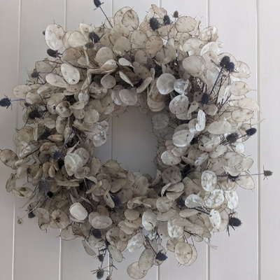 Lunaria Wreath with a Hint of Blue Thistle