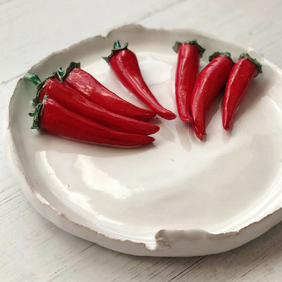 Handmade Ceramic Chillies on a Dish: Seven Chillies on a Round Dish