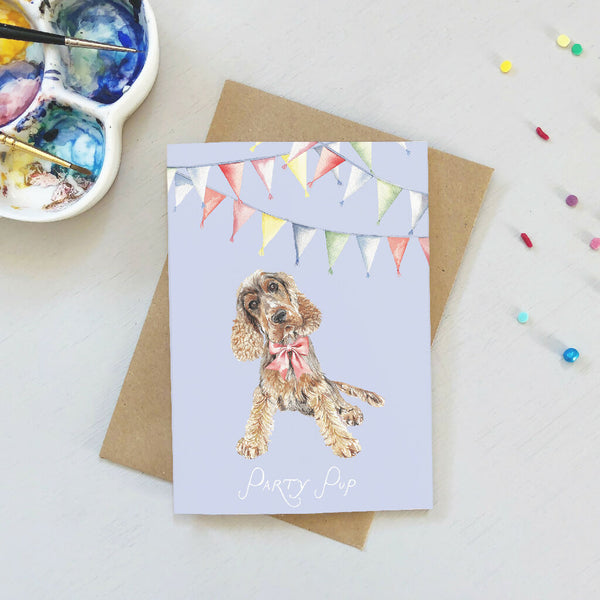 Watercolour Spaniel "Party Pup" Birthday Card