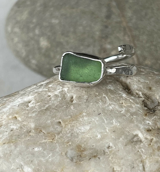 Adjustable sterling silver green sea glass ring