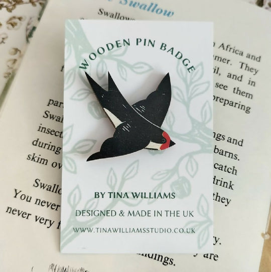 Swallow - Wooden Brooch Pin Badge