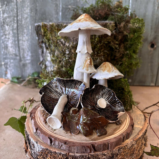 Pottery Toadstool Oakleaf Group in Creams and Browns on Wooden Base
