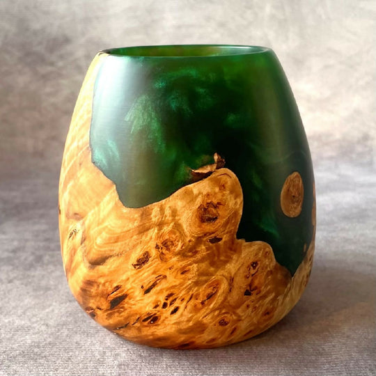 Mappa Burr and Green Resin Hollow Form Small Decorative Vase + 95mm | Sculptured Wood