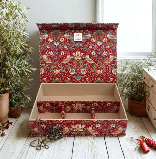 William Morris Strawberry Thief Trinket Box | Handcrafted Fabric Organiser | Arts and Crafts Movement Gift | Jewellery, Sewing, Stationery Storage Box