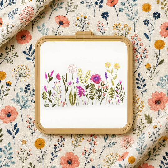 Meadow Flowers Hand Embroidery Kit with Pre Printed Fabric and Colour Pattern