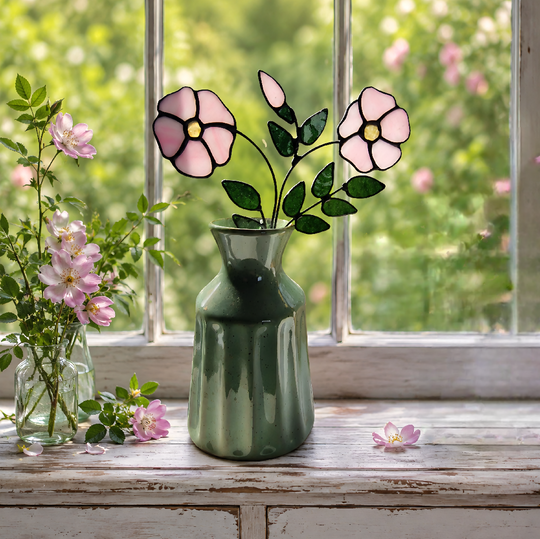 Stained Glass Wild Dog Rose – Hand‑Crafted in Soft Pink & Whispy White with Sage Green Foliage