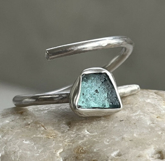 Adjustable recycled silver turquoise sea glass ring
