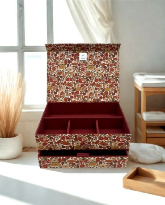 Handmade Liberty Poppy Forest Two-Tier Organiser | Fabric Covered Box