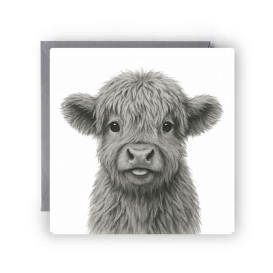 Adorable baby Highland Cow (Hairy Coo) greeting card illustration