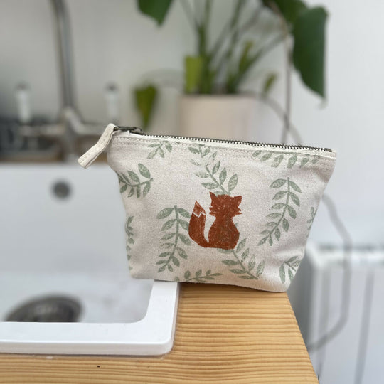 Hand printed fox cosmetic bag- Small