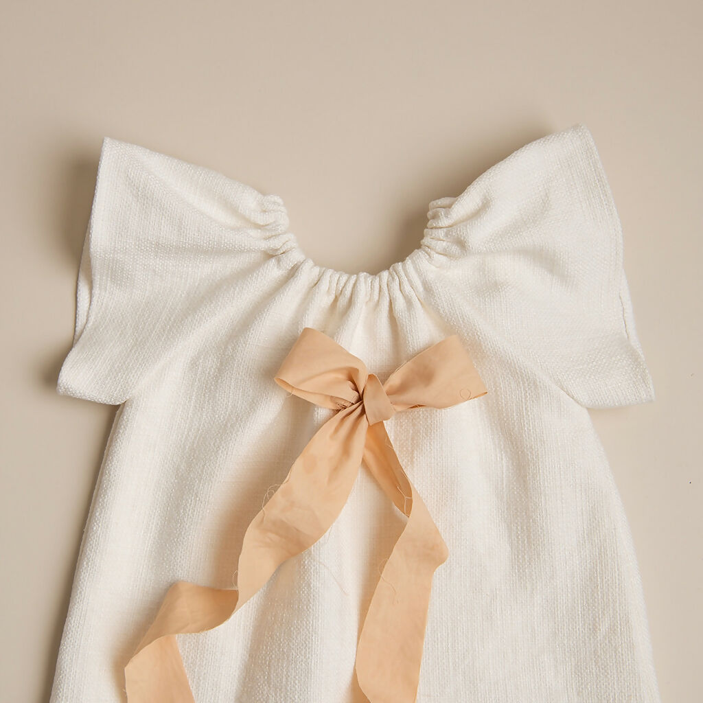 Organic Linen Girls Dress with Beige Ribbon