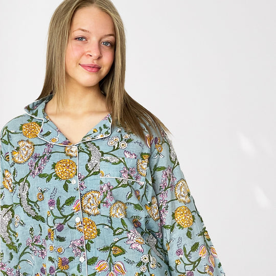 Pale Blue Block Print Floral 100% Cotton Long Pyjama Set