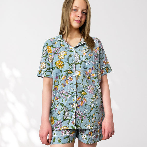 Pale Blue Block Print Floral 100% Cotton Short Pyjama Set