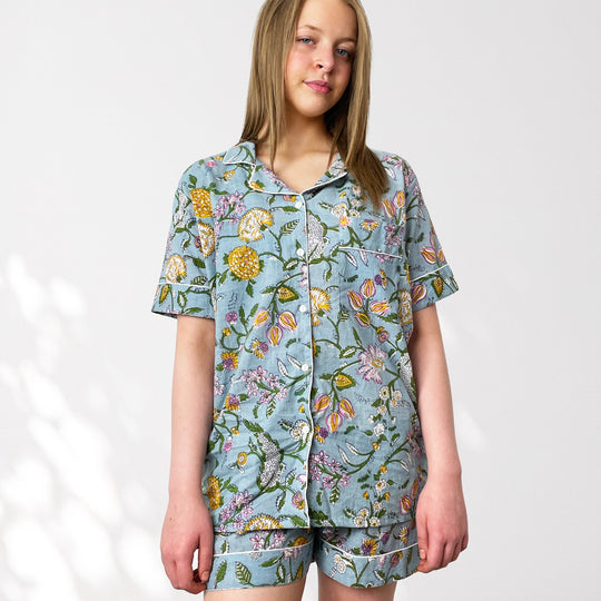 Pale Blue Block Print Floral 100% Cotton Short Pyjama Set