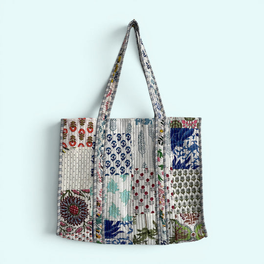 Patchwork Blue Floral Quilted Cotton Tote Bag
