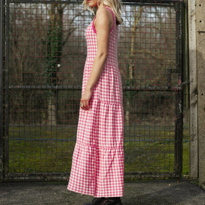 Paula Gingham Cotton Knitted Maxi Dress - Hot Pink