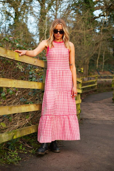 Paula Gingham Cotton Knitted Maxi Dress - Hot Pink