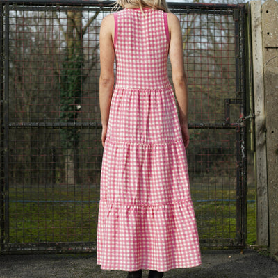 Paula Gingham Cotton Knitted Maxi Dress - Hot Pink