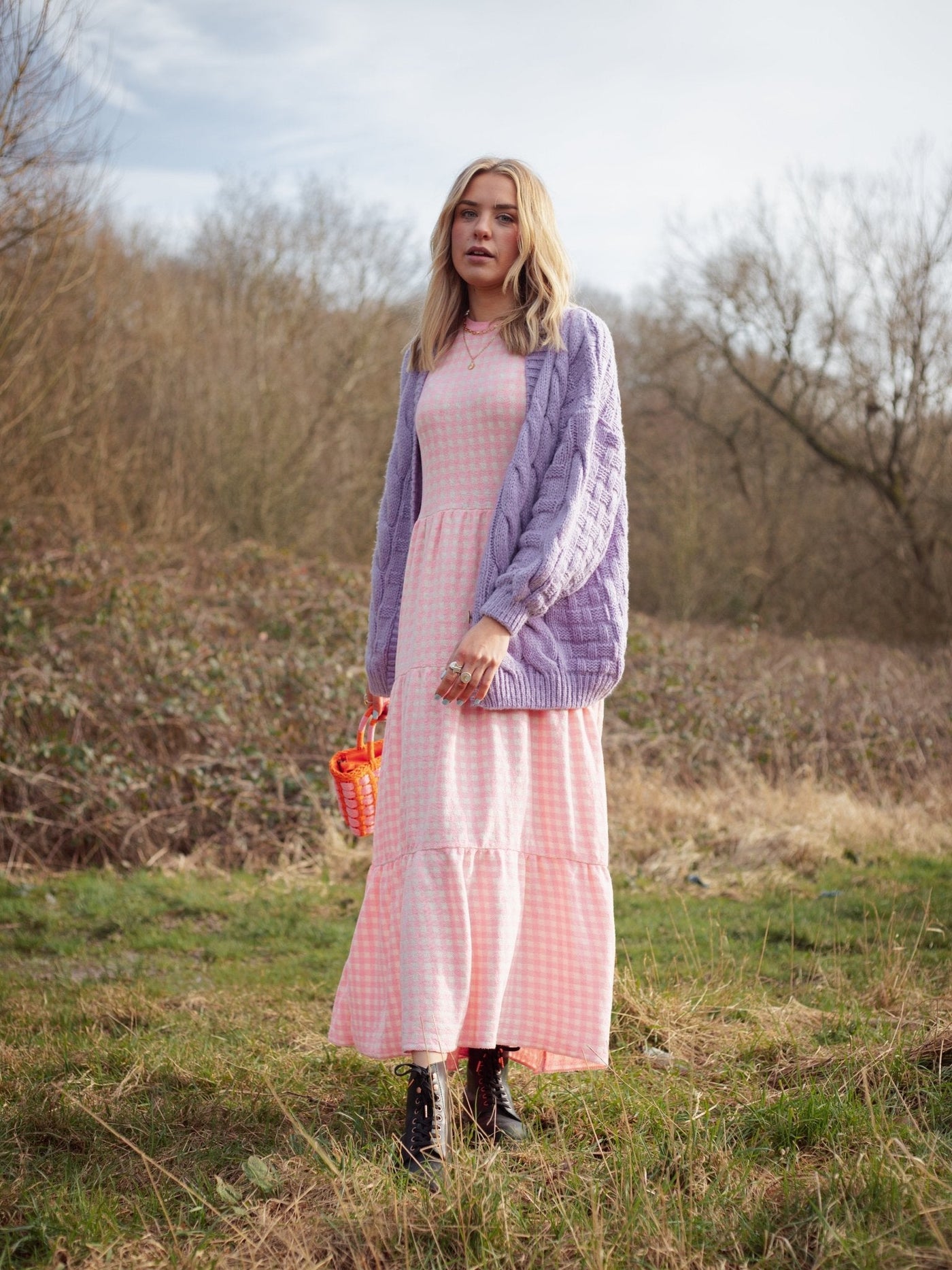 Paula Gingham Cotton Knitted Maxi Dress - Light Pink