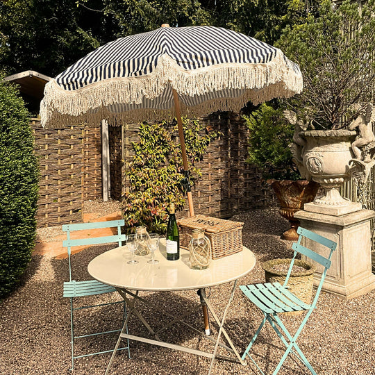 Midnight Blue/Antique White Stripe Large Tassel Fringed Outdoor Parasol