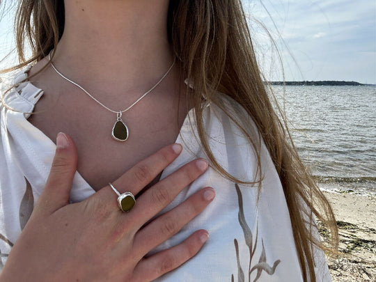 Olive Green statement Seaglass Ring