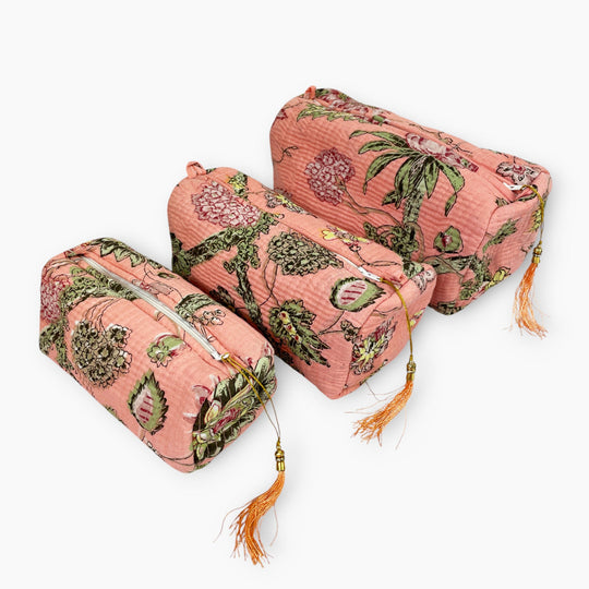 Bird and Floral Cotton Washbag, Make Up Bag, Pencil Case with Waterproof Lining - Peach