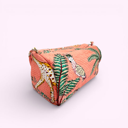 Jungle Print Cotton Washbag, Make Up Bag, Pencil Case with Waterproof Lining -Peach