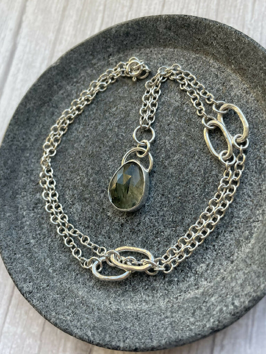 Rutilated Green Quartz necklace with paperclip chain detail