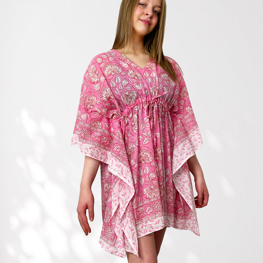 Pink Floral Print 100% Cotton Beach Kaftan