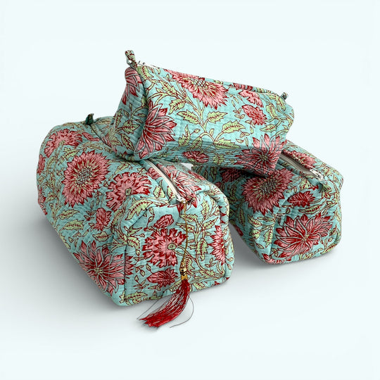 Blue and Pink Floral Block Print Cotton Washbag, Make Up Bag, Pencil Case with Waterproof Lining