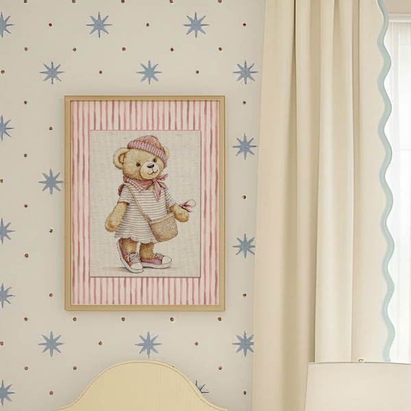 Pink Striped Bear Girl Print Vintage Bear Illustration