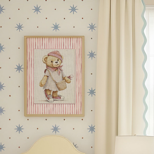 Pink Striped Bear Girl Print Vintage Bear Illustration
