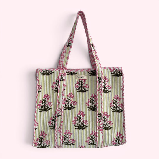 Pink and Green Floral and Stripe Quilted Cotton Tote Bag