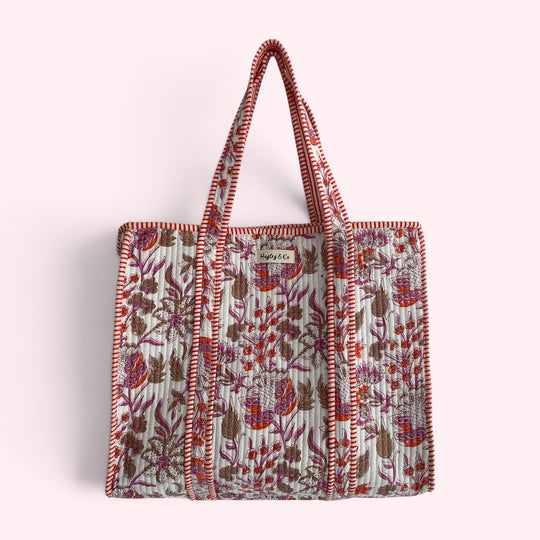 Pink and Orange Floral Quilted Cotton Tote Bag