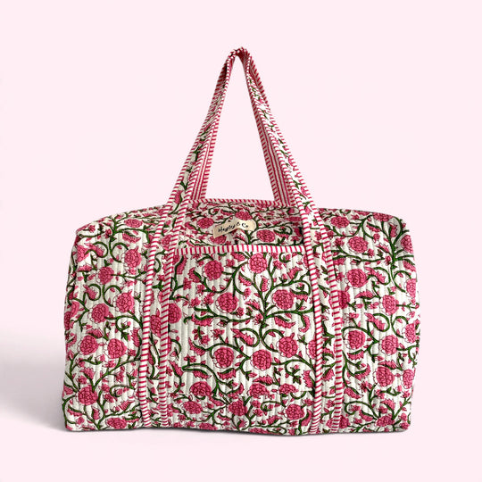 Ditsy Pink Floral Block Print Cotton Quilted Weekend Duffle Bag