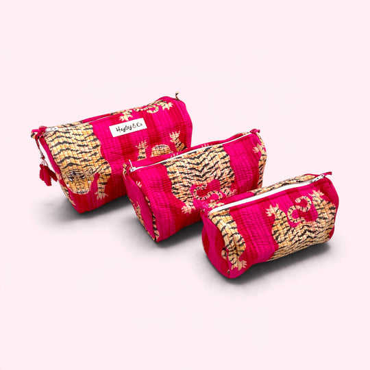 Pink Tiger Print Cotton Washbag, Make Up Bag, Pencil Case with Waterproof Lining