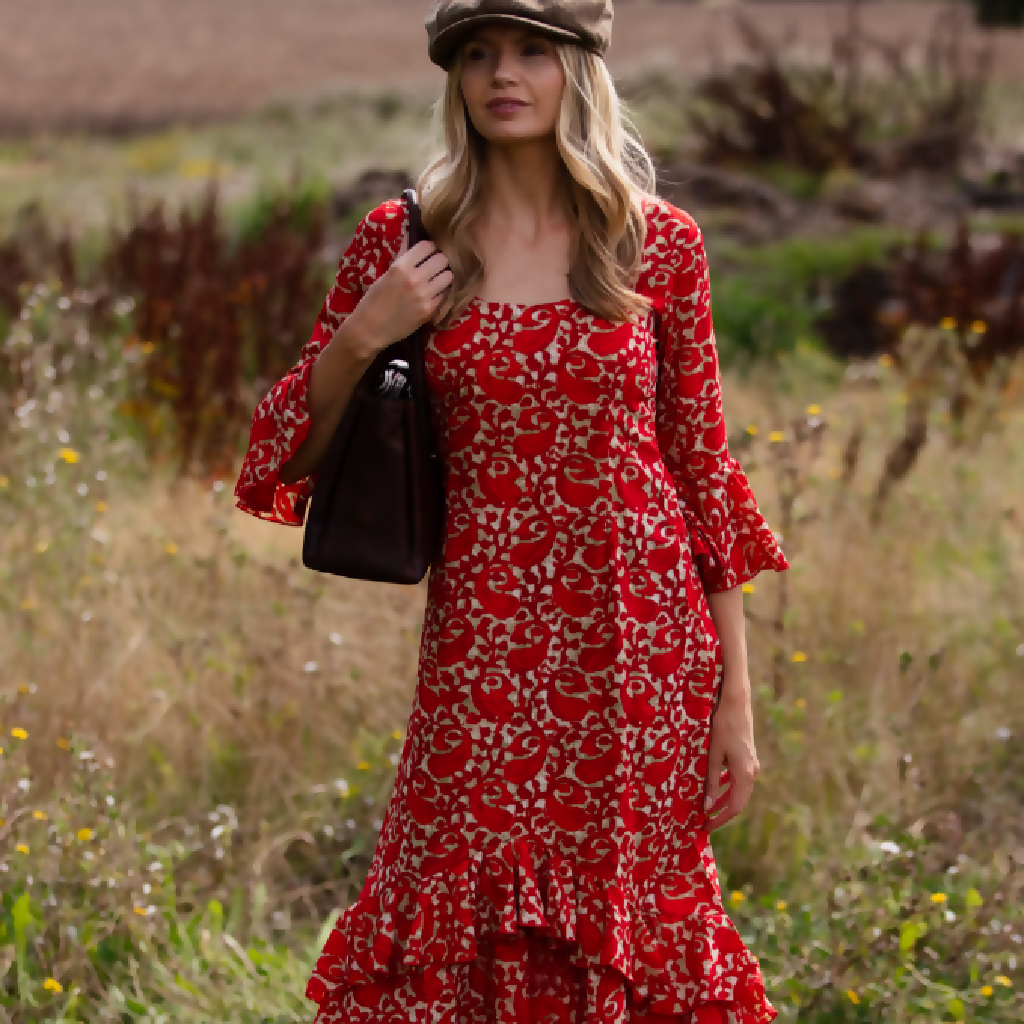 Victoria Midi Dress in Hot Red Swirl