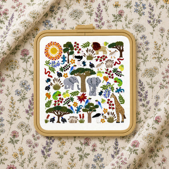 African Savanna, Hand Embroidery Kit with Pre Printed Fabric and Colour Pattern