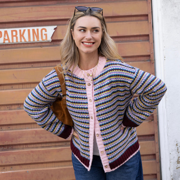 Clarisse Button Through Stripe Cardigan - Burgundy