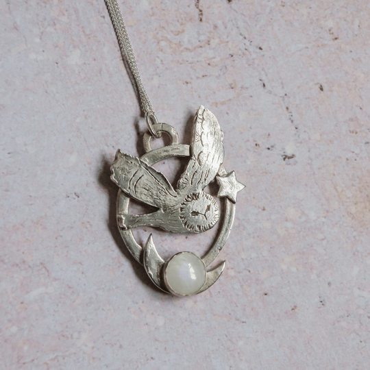Silver Moon and Owl Necklace with Moonstone