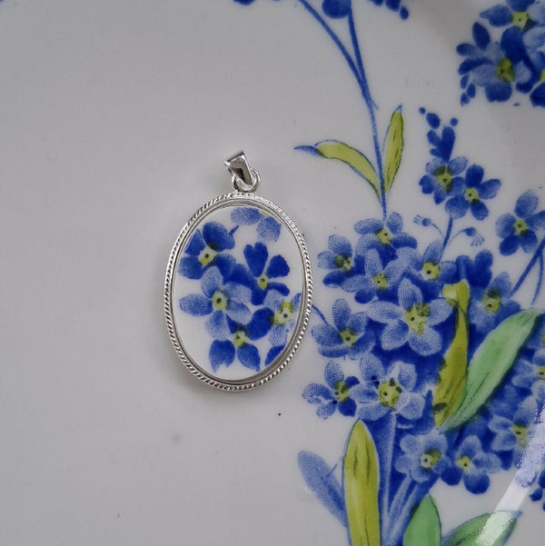 Forget-Me-Not Broken China Pendant in Sterling Silver