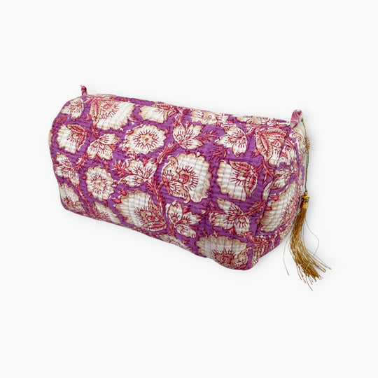 Purple Flower Block Print Cotton Washbag, Make Up Bag, Pencil Case with Waterproof Lining