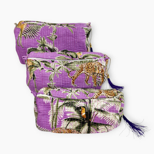 Giraffe Print Cotton Small Make Up Bag, Pencil Case with Waterproof Lining - Purple